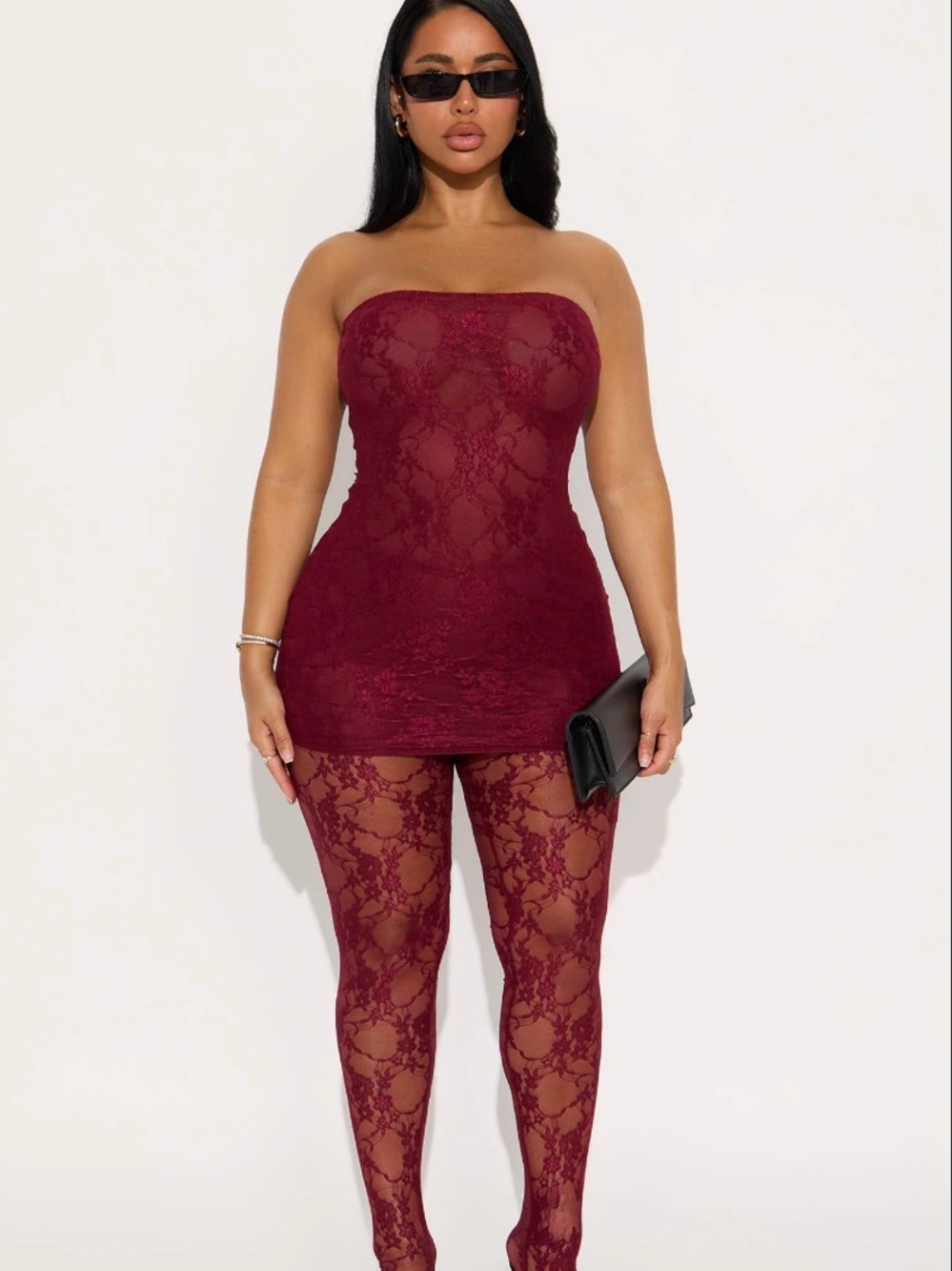 Strapless Lace Chemise & Leggings Set - Burgundy